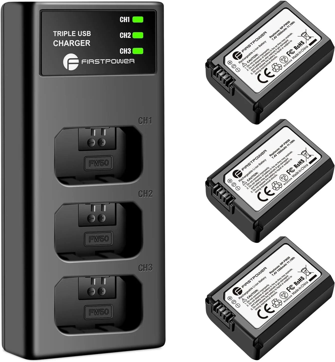 FirstPower NP-FW50 Battery 3-Pack and Triple Slot Charger for Sony