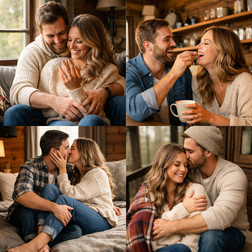 A cozy four-photo collage of a happy engaged couple sharing candid moments—admiring a ring, laughing together, kissing, and cuddling in a warm cabin setting.