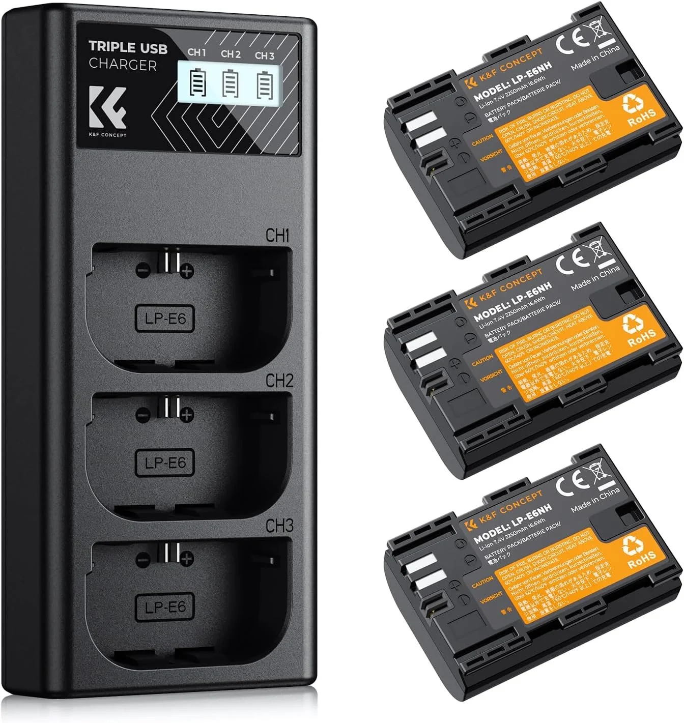 K&F CONCEPT 3-Pack 2250mAh LP-E6NH Battery and Triple Slot USB Charger for Canon