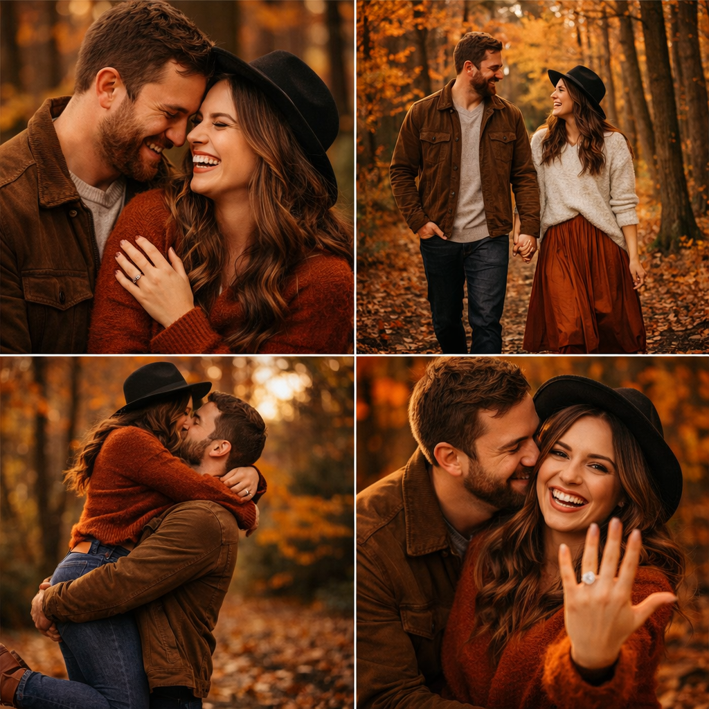 Happy engaged couple sharing candid moments during an autumn woodland engagement photoshoot, surrounded by rich warm fall tones and golden leaves in a romantic outdoor setting.