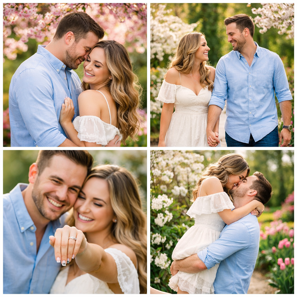 Romantic spring engagement photo collage of a happy couple sharing candid moments in a blooming garden with cherry blossoms and flowers, showcasing love, laughter, and a sparkling engagement ring in soft natural light.