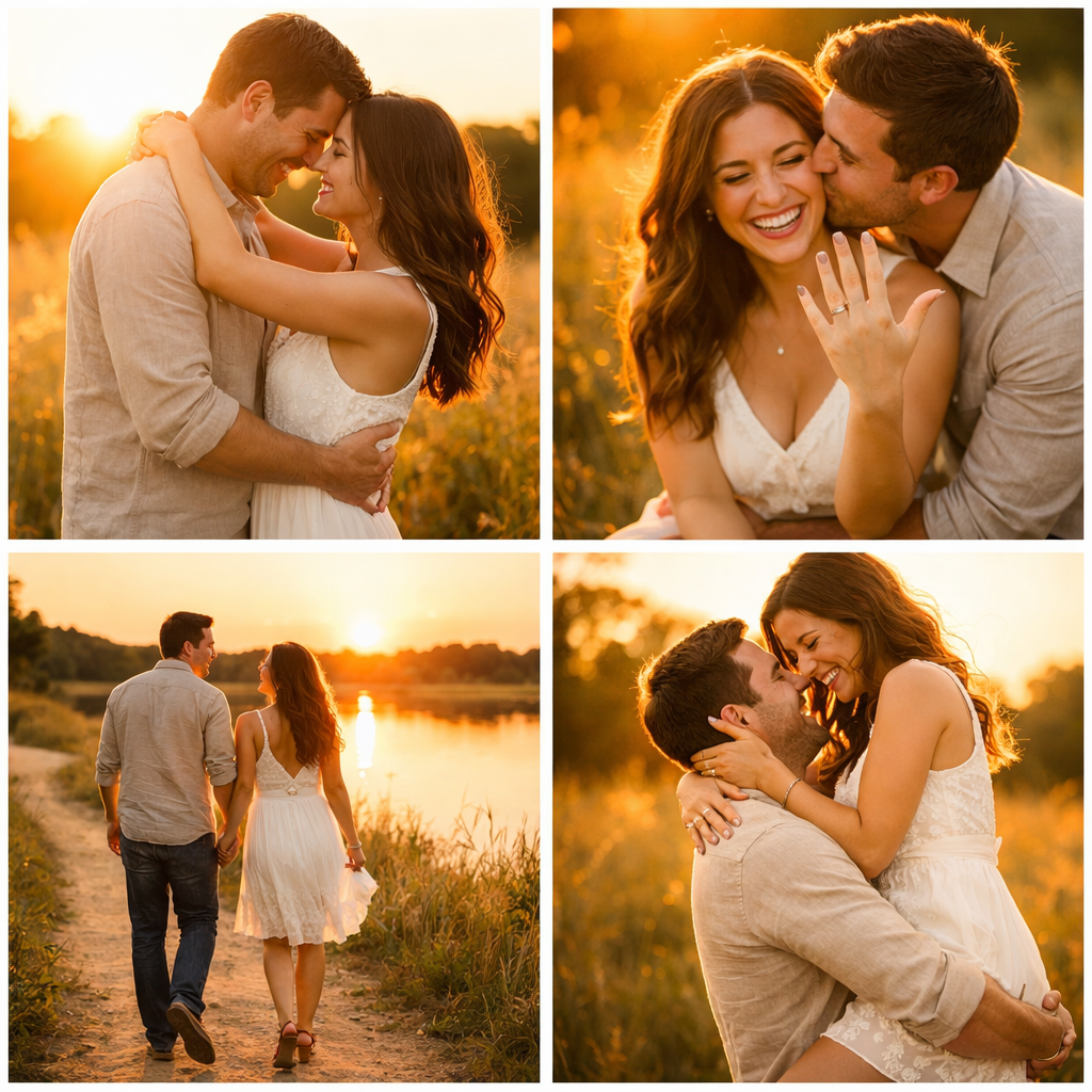 Romantic engagement photo collage of a happy couple sharing candid moments in warm summer golden hour light, featuring laughter, hugs, and a lakeside sunset backdrop.
