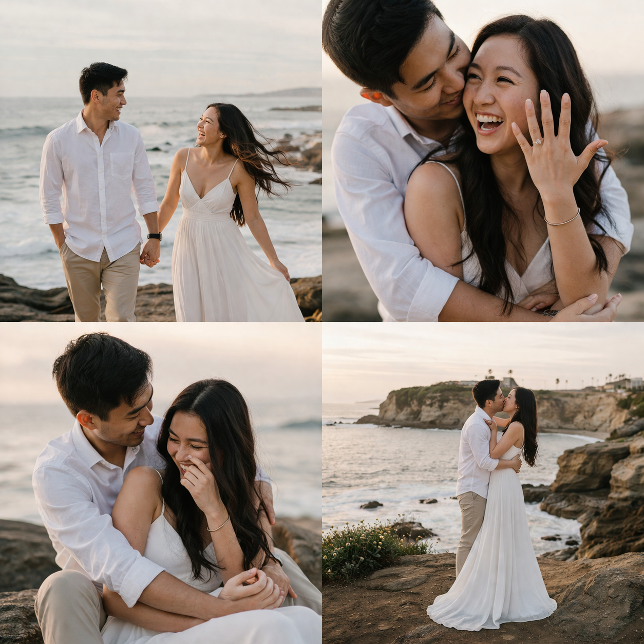 Four-photo square collage of a happy engaged couple sharing candid moments—walking, laughing, embracing, and showing a ring—on a sunlit seaside beach at golden hour.