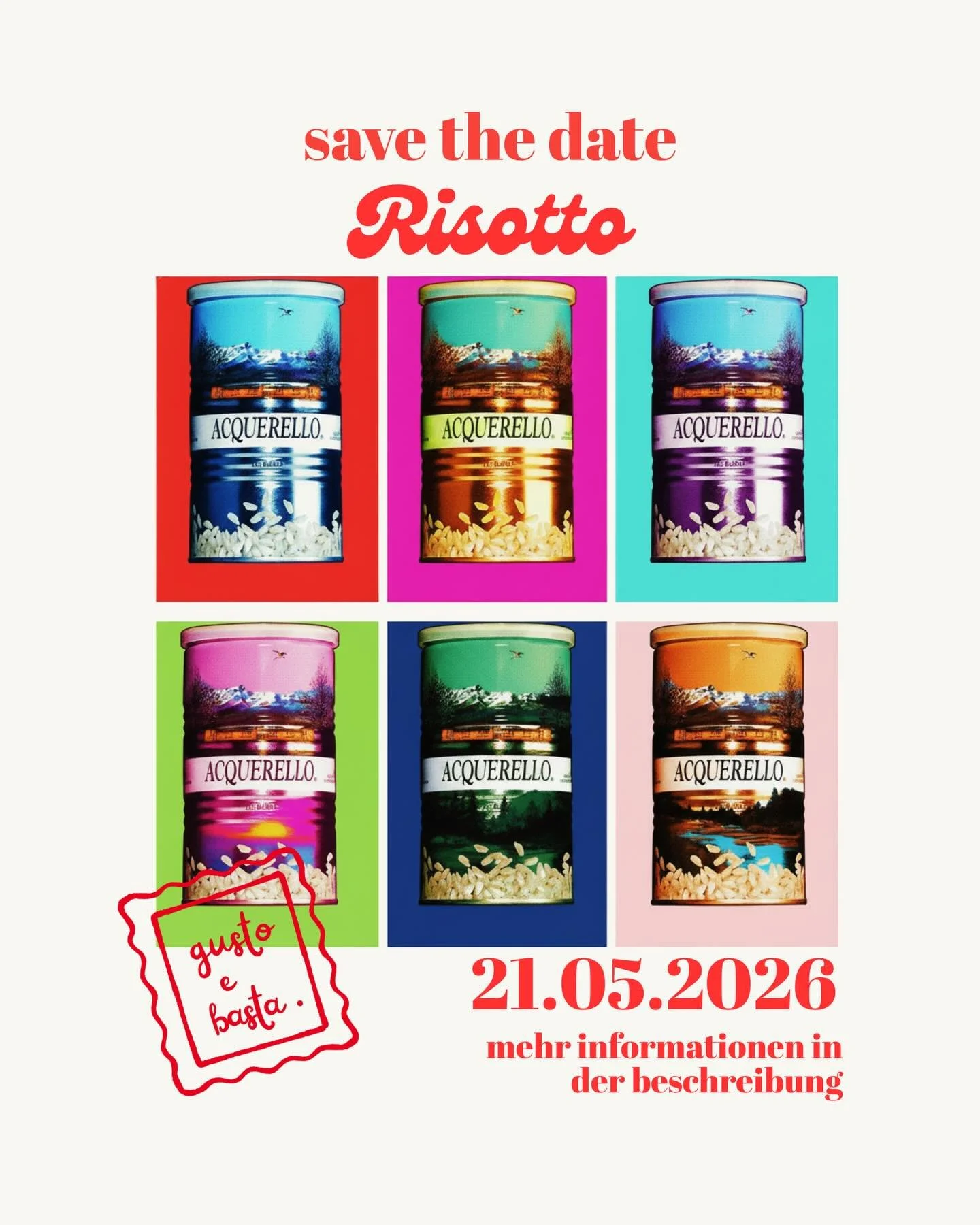 gusto e basta .

un viaggio sensoriale

save the date &mdash; 21.05.2026

wir starten mit unserem ersten &bdquo;gusto e basta .&ldquo; abend und widmen uns einem der ikonischsten gerichte der italienischen k&uuml;che: risotto.

gemeinsam nehmen wir e