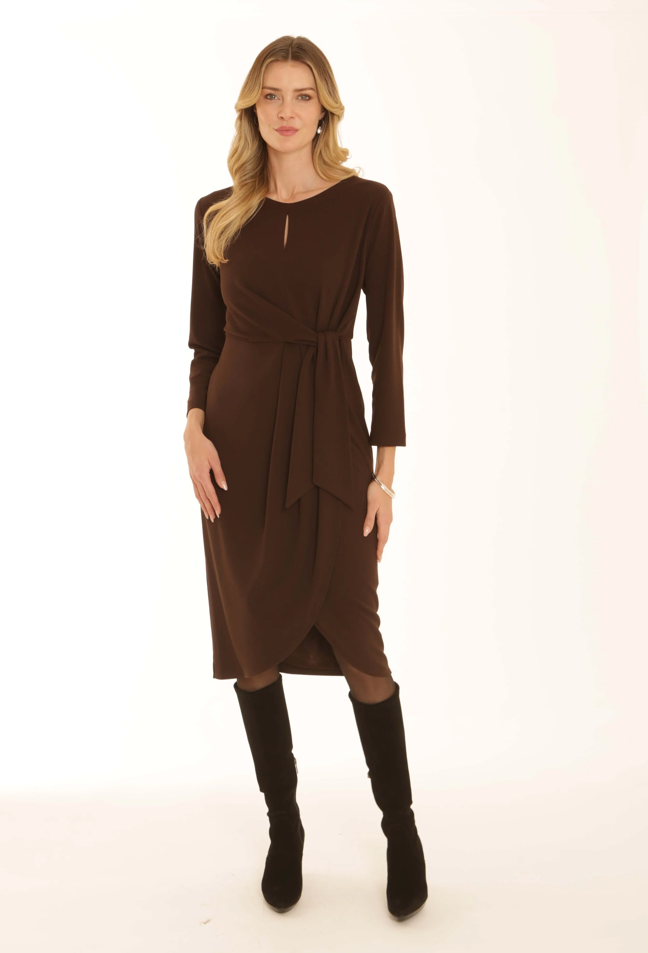 62656 solid dress with tie chocolate.jpg