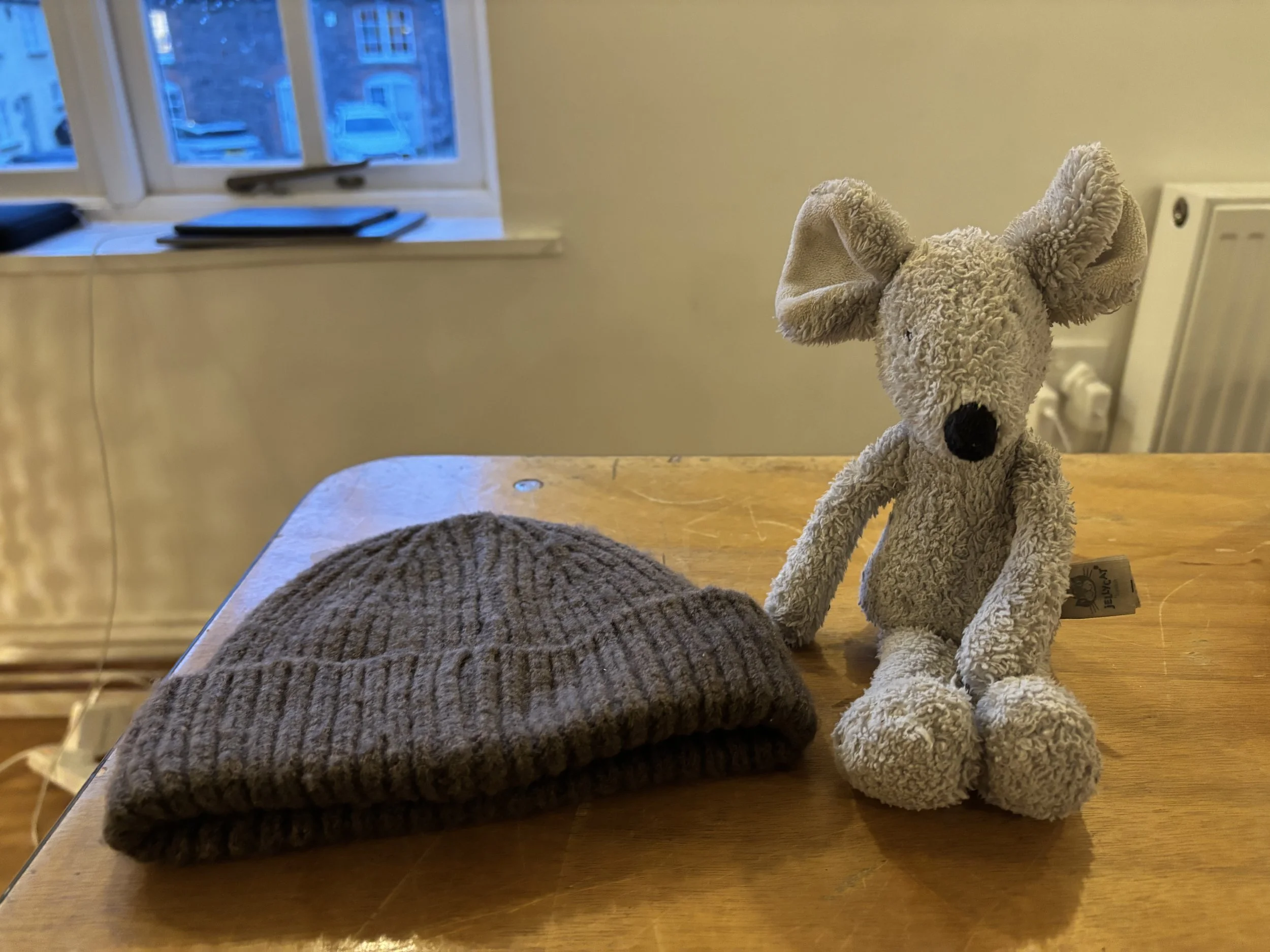 brown hat (age 1-2) and a much loved mouse