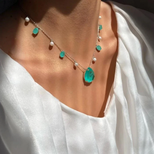 Luvieh Jewellery - Green Tourmaline Fusion Stone green tourmaline and Shell Pearl drop necklace - £89