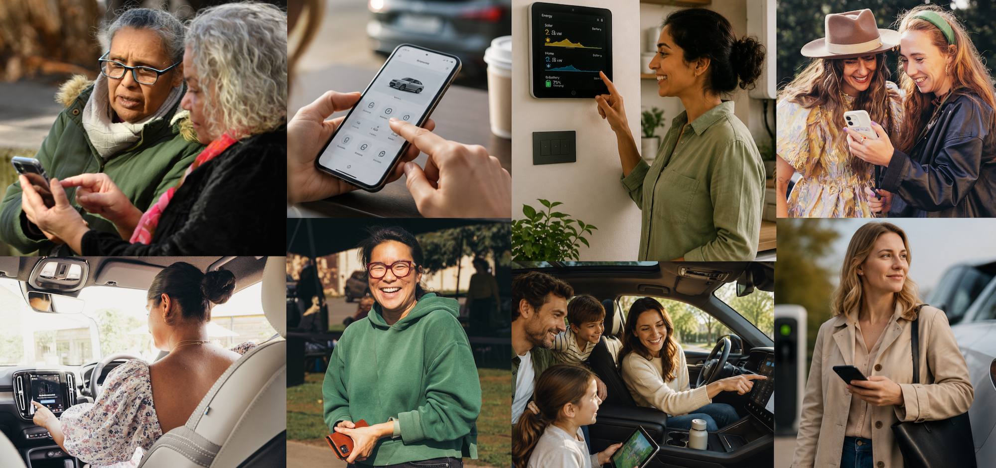 Collage of women using smart technology in everyday life, including in-car tech, EV charging, smartphone apps and home energy technology.