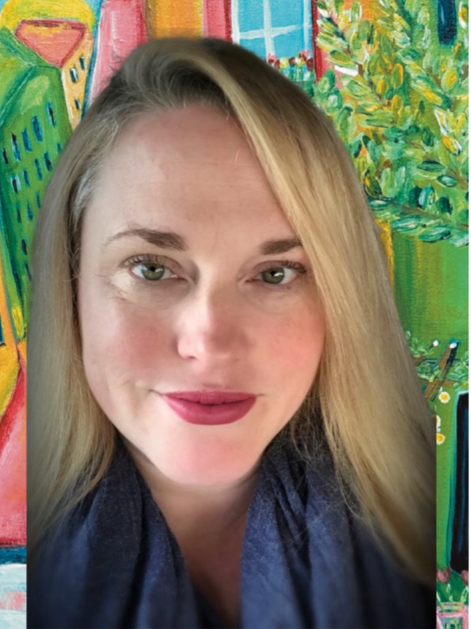 Portrait of a woman with blonde hair, green eyes, and pink lipstick, smiling, with a colorful, abstract painting background.