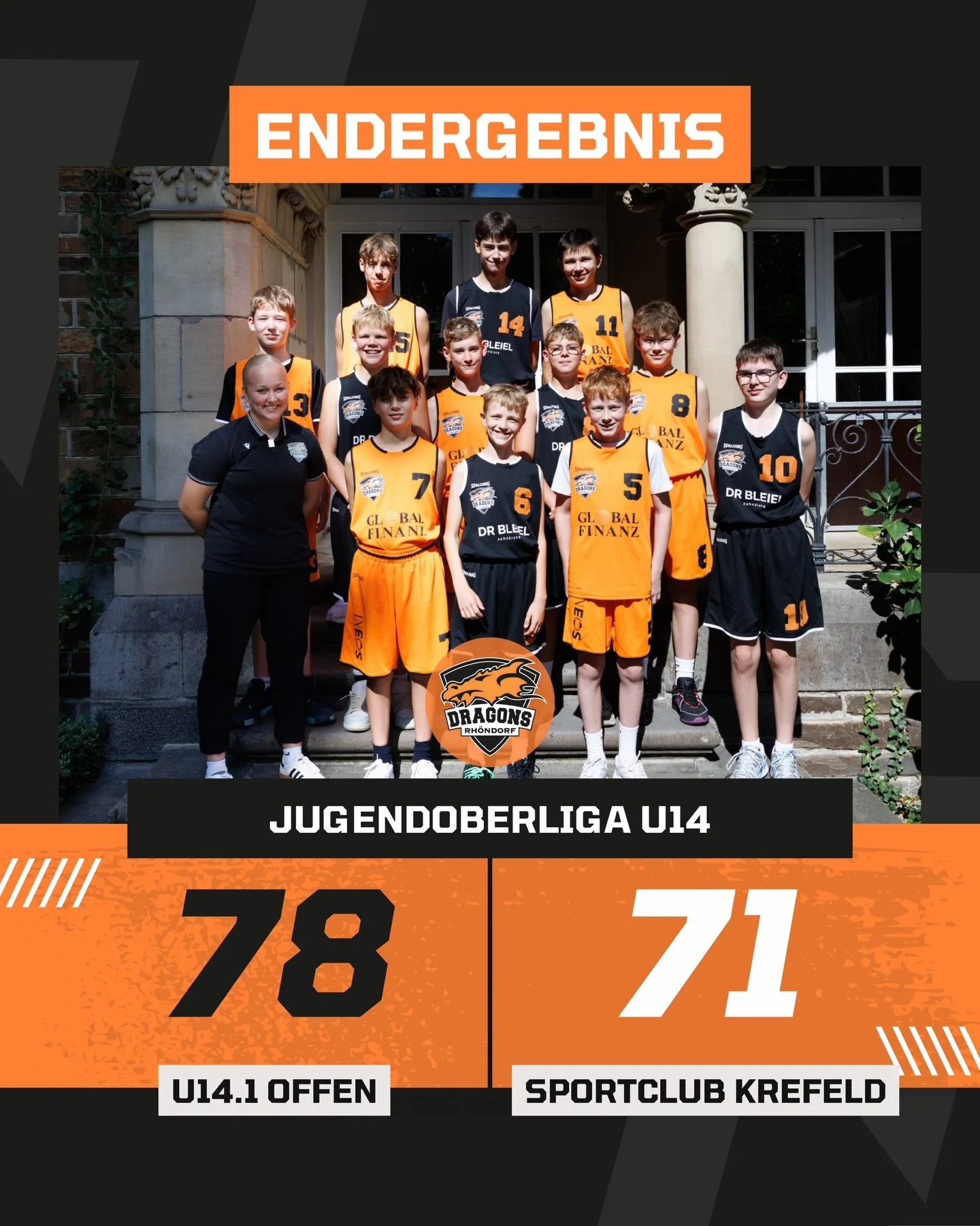 𝐄𝐍𝐃𝐄𝐑𝐆𝐄𝐁𝐍𝐈𝐒 - 𝐅𝐈𝐍𝐀𝐋 𝐒𝐂𝐎𝐑𝐄

U14.1 der Dragons bleibt zuhause ungeschlagen &ndash; 78:71 gegen Krefeld. Die U14.1 der Dragons Rh&ouml;ndorf bleibt in der heimischen Halle ungeschlagen und gewann am Samstag mit 78:71 gegen den Sport