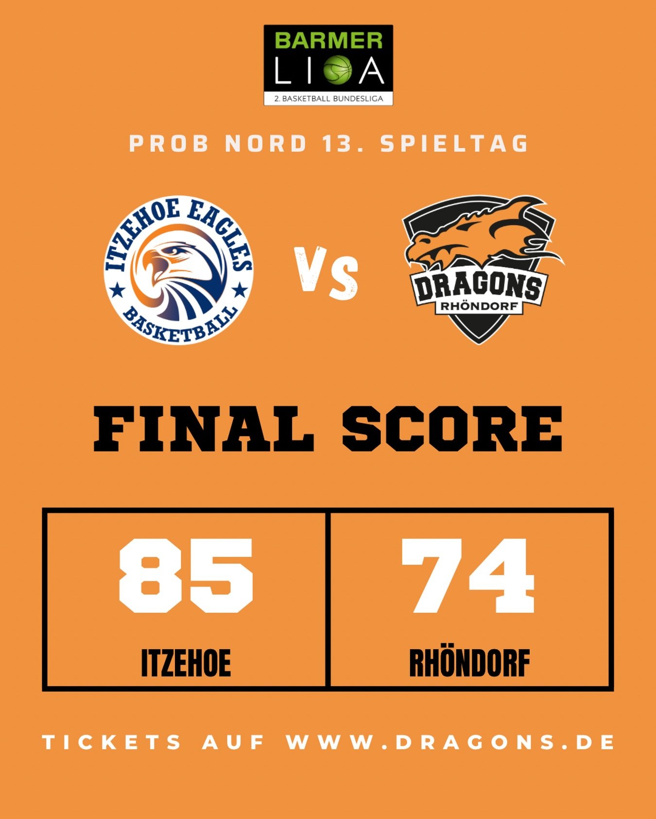 Wir treffen nur 21% von der Dreierlinie und 48% von der Freiwurflinie und m&uuml;ssen uns den @itzehoeeagles mit 74:85 geschlagen geben. Top-Scorer wird Juhwan Harris Dyson mit 23 Punkten, 8 Rebounds und 5 Assists. Kenan Reinhart folgt mit 16 Punkten