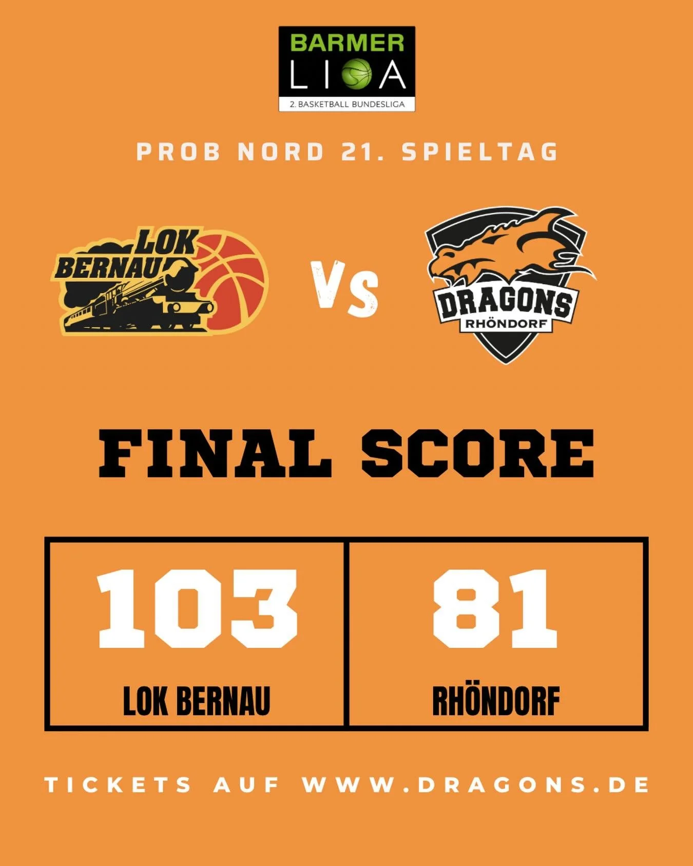 Wir spielen ein schwaches erstes Viertel (13:31), kassieren 103 Punkte und m&uuml;ssen uns @lokbernau deutlich mit 81:103 geschlagen geben. Top-Scorer wird Duje Dujmovic mit 17 Punkten und 6 Rebounds. Kenan Reinhart folgt mit 12 Punkten, 10 Assists u