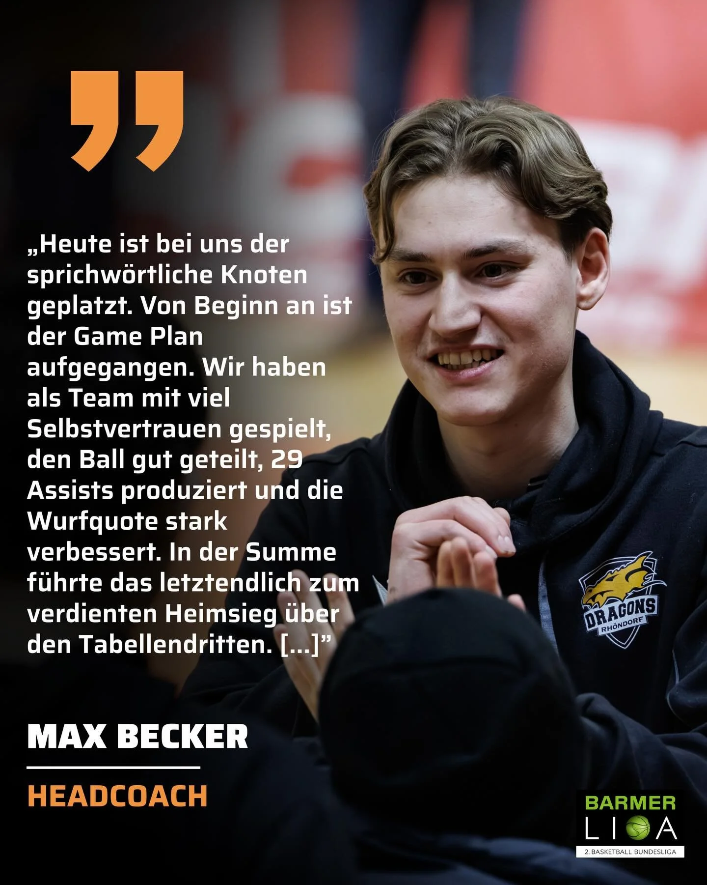 𝐒𝐓𝐀𝐓𝐄𝐌𝐄𝐍𝐓 𝐌𝐀𝐗 𝐁𝐄𝐂𝐊𝐄𝐑

&bdquo;F&uuml;r uns kann und muss der Erfolg allerdings nur der erste Schritt sein, denn jetzt kommen die vier entscheidenden Spiele. Dieses Erfolgserlebnis wird uns aber Energie geben, die wir  brauchen, um di