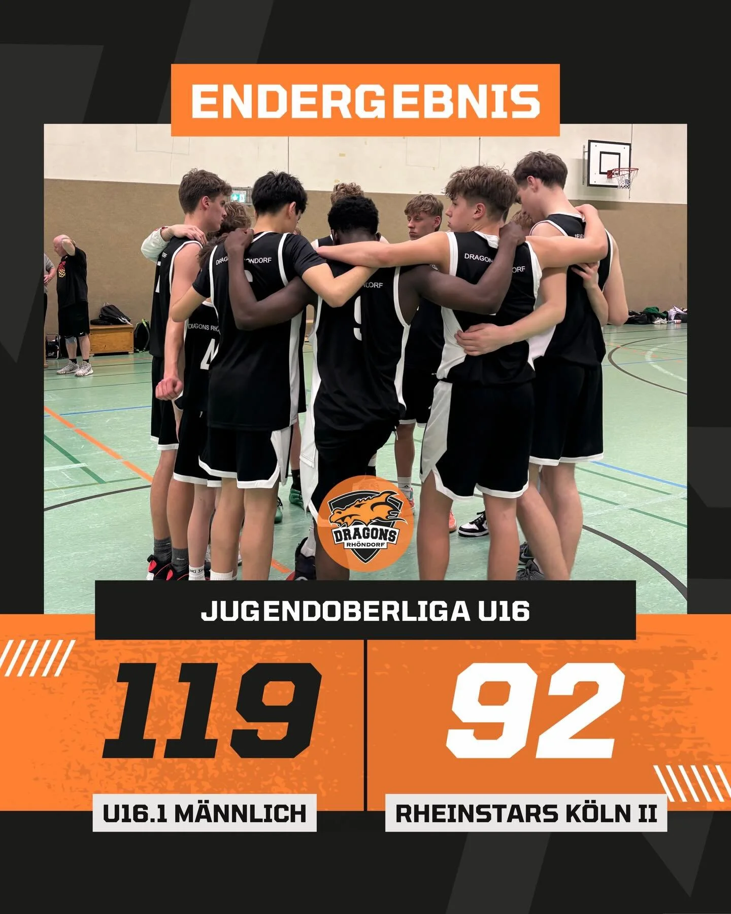 𝐄𝐍𝐃𝐄𝐑𝐆𝐄𝐁𝐍𝐈𝐒 - 𝐅𝐈𝐍𝐀𝐋 𝐒𝐂𝐎𝐑𝐄

Statementsieg f&uuml;r die U16.1 gegen die RheinStars K&ouml;ln! Die U16.1 gewinnt ihr Heimspiel gegen den @rheinstars.ev mit 119:92. Top Scorer der Partie auf Seiten der Dragons wird Tim Haucke mit 30 