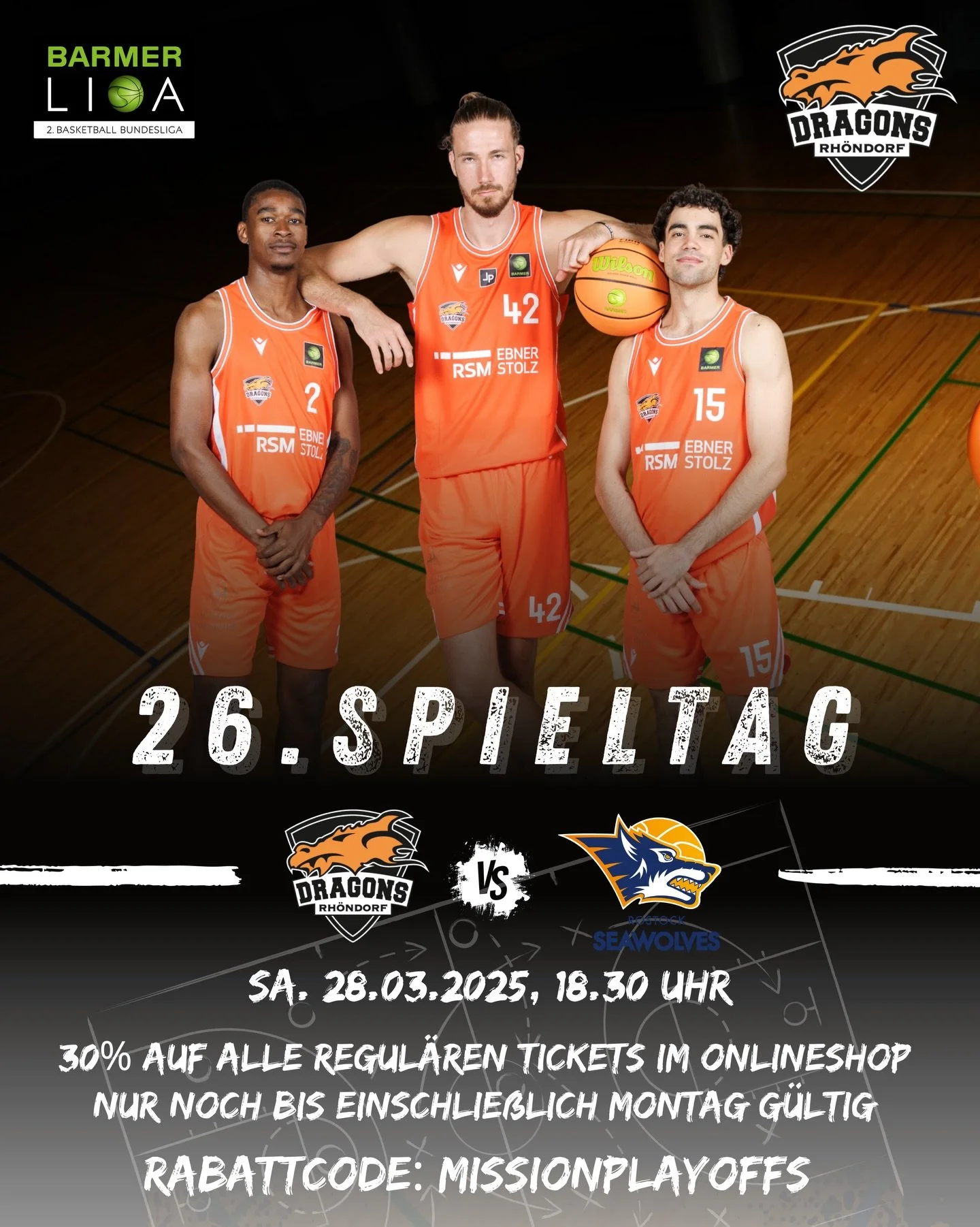 ‼️ 𝐌𝐈𝐒𝐒𝐈𝐎𝐍 𝐏𝐋𝐀𝐘𝐎𝐅𝐅𝐒 ‼️

Am kommenden Samstag (18:30 Uhr) steht das letzte Hauptrundenspiel der diesj&auml;hrigen ProB-Saison an und wir sind mitten im Kampf um die Playoffs! 🔥🔥

Zu diesem Anlass gibt es eine Rabattaktion: Mit dem Cod