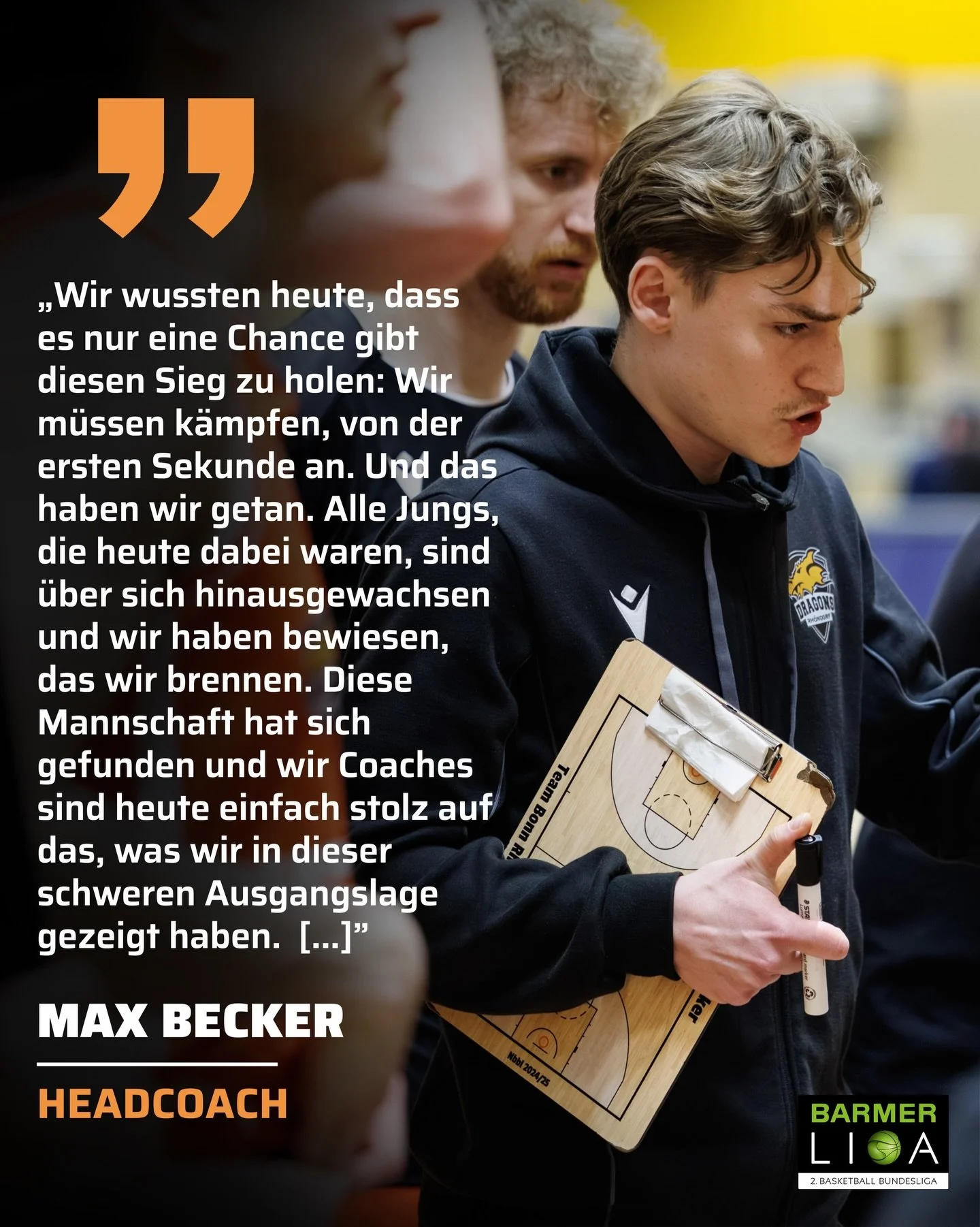 𝐒𝐓𝐀𝐓𝐄𝐌𝐄𝐍𝐓 𝐌𝐀𝐗 𝐁𝐄𝐂𝐊𝐄𝐑

&bdquo;Jetzt hei&szlig;t es f&uuml;r unsere U19-Jungs morgen in den NBBL-Playoffs zu gewinnen, am Dienstag durchzuatmen und ab Mittwoch liegt dann der volle Fokus auf dem Rostock-Spiel, indem wir unsere hart er