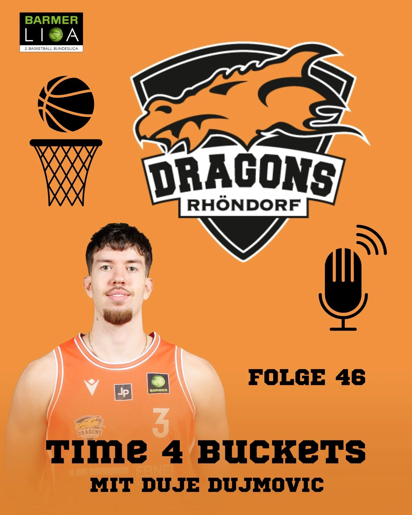 𝐏𝐎𝐃𝐂𝐀𝐒𝐓 𝐅𝐎𝐋𝐆𝐄 𝟒𝟔

Die 46. Folge des Projekts &bdquo;Time 4 Buckets&ldquo;, dem Vereinseigenen Podcast der Dragons Rh&ouml;ndorf ist jetzt online. Zu Gast war diesmal Duje Dujmovic: Der 23-j&auml;hrige Forward erz&auml;hlt von seinen Bas
