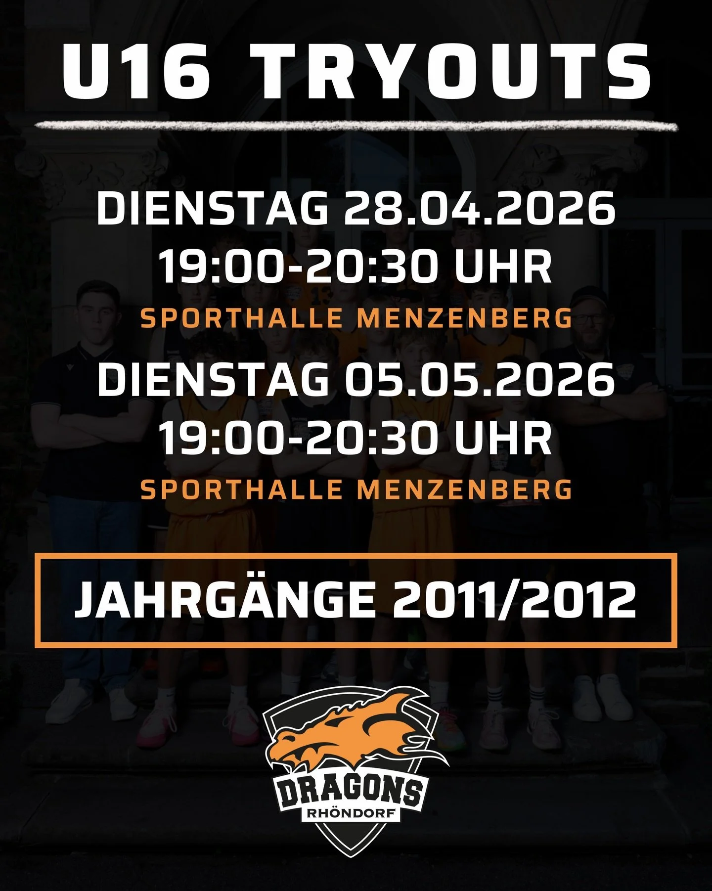 ❗️𝐔𝟏𝟔 𝐓𝐫𝐲𝐨𝐮𝐭𝐬 𝟐𝟎𝟐𝟔/𝟐𝟕❗️

Du suchst nach einem Team f&uuml;r die kommende Saison? Dann haben wir genau das Richtige f&uuml;r dich: Die Termine f&uuml;r die diesj&auml;hrigen U16 Tryouts stehen fest. 🔥🔥

Alle Spieler der Jahrg&auml;ng