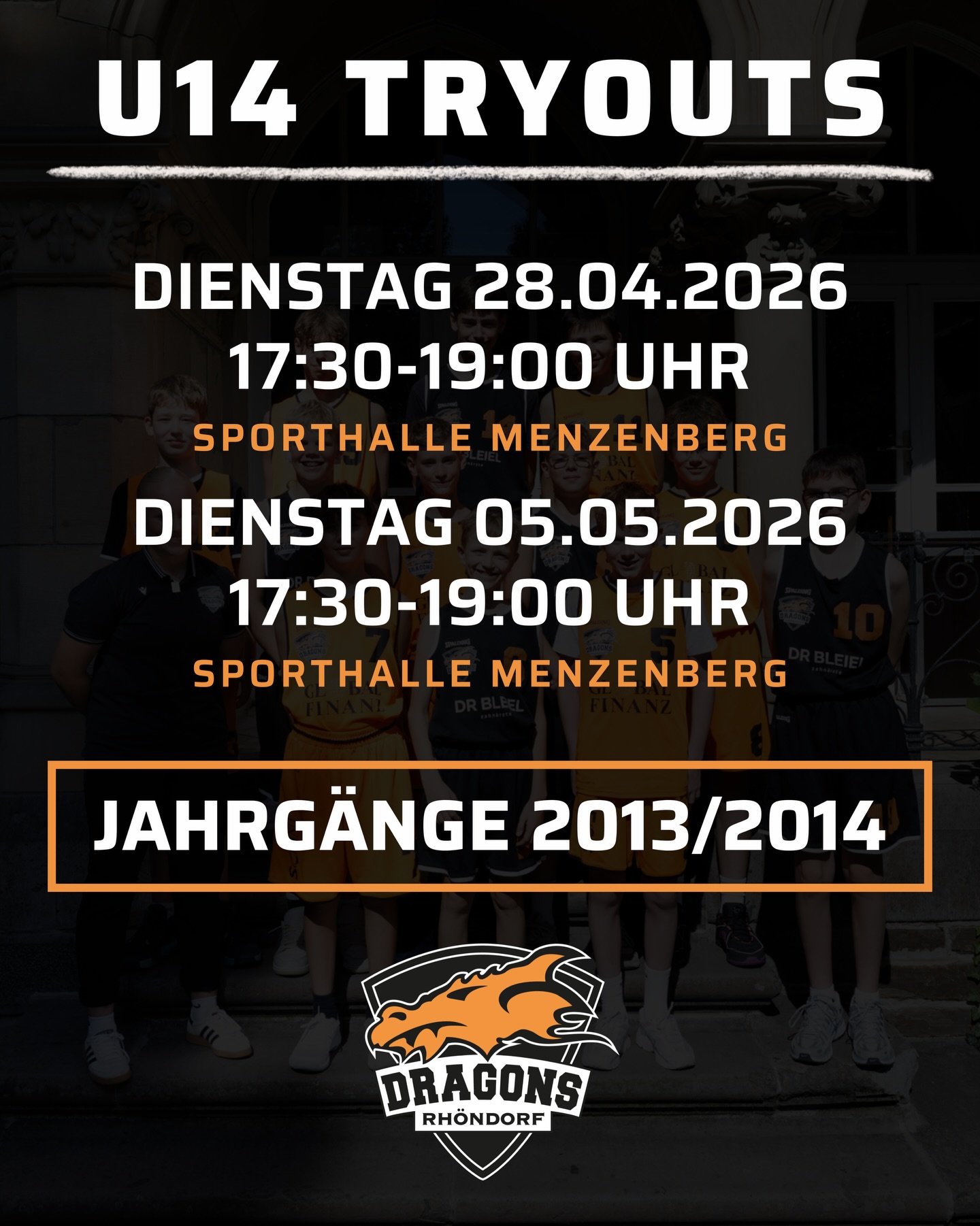 ❗️𝐔𝟏𝟒 𝐓𝐫𝐲𝐨𝐮𝐭𝐬 𝟐𝟎𝟐𝟔/𝟐𝟕❗️

Du suchst nach einem Team f&uuml;r die kommende Saison? Dann haben wir genau das Richtige f&uuml;r dich: Die Termine f&uuml;r die diesj&auml;hrigen U14 Tryouts stehen fest. 🔥🔥

Alle Spieler der Jahrg&auml;ng