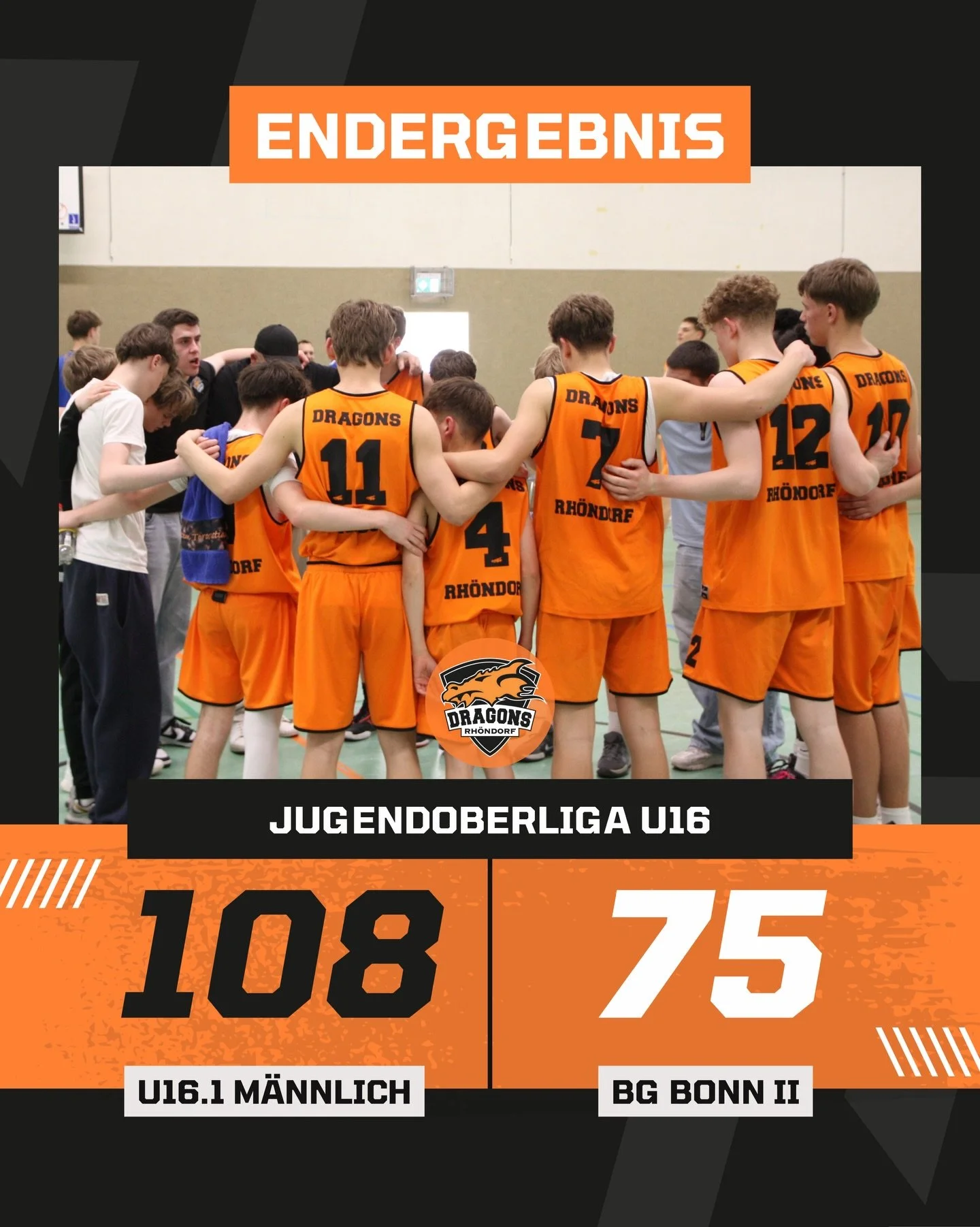 𝐄𝐍𝐃𝐄𝐑𝐆𝐄𝐁𝐍𝐈𝐒 - 𝐅𝐈𝐍𝐀𝐋 𝐒𝐂𝐎𝐑𝐄

N&auml;chster 100-Punkte-Sieg f&uuml;r die U16.1 im Derby gegen das Team Bonn/Rh&ouml;ndorf! Die U16.1 gewinnt ihr Heimspiel gegen das Team Bonn/Rh&ouml;ndorf mit 108:75. Top Scorer der Partie auf Seite