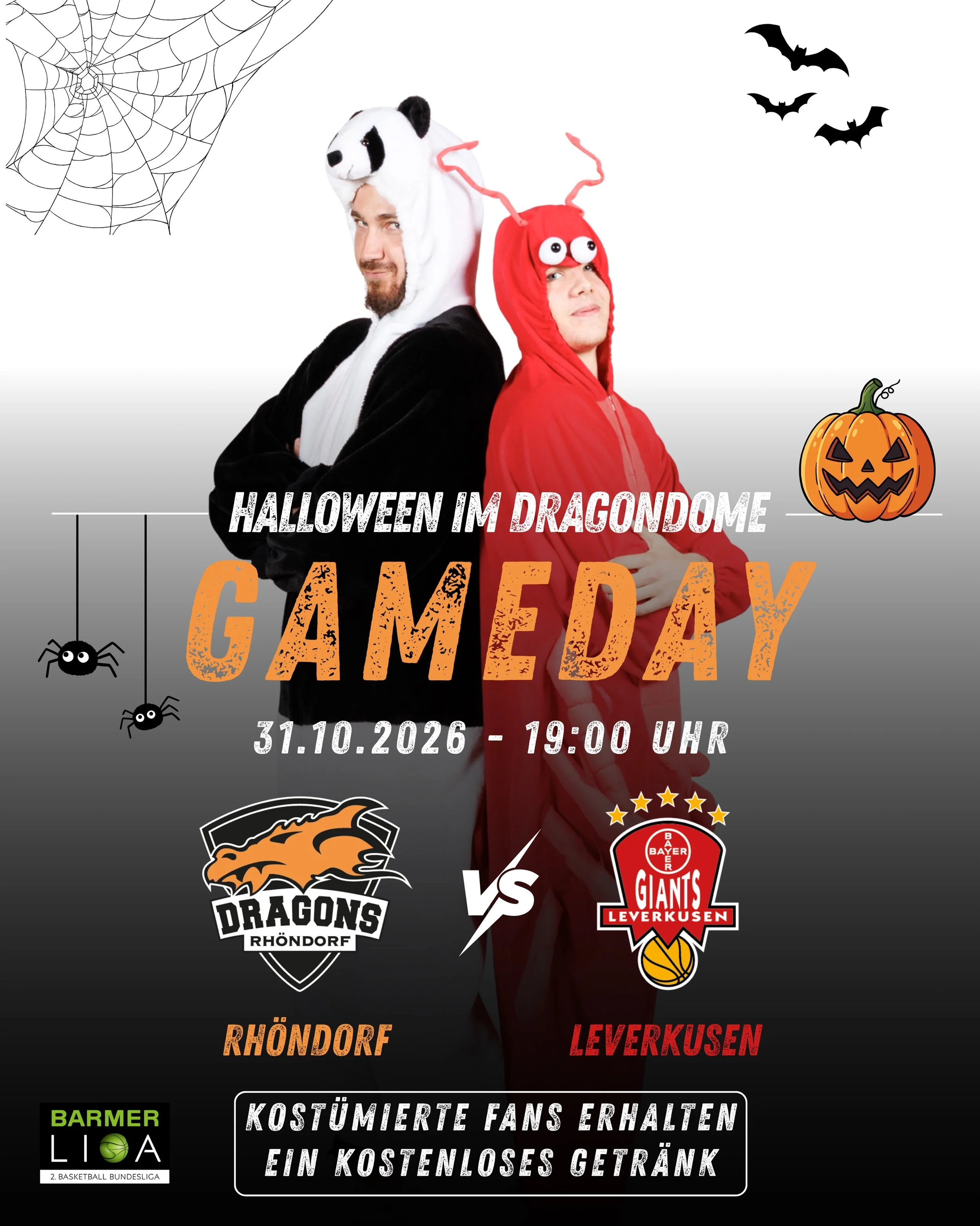 🎃 𝐇𝐀𝐋𝐋𝐎𝐖𝐄𝐄𝐍-𝐃𝐄𝐑𝐁𝐘 𝐈𝐌 𝐃𝐑𝐀𝐆𝐎𝐍𝐃𝐎𝐌𝐄! 👻 

Ein Derby, eine gruselige Nacht und jede Menge Basketball-Action!

Wir wollen den Derbysieg &ndash; und daf&uuml;r brauchen wir EUCH! 🔥 Macht den Dragondome laut, schmei&szlig;t euch i