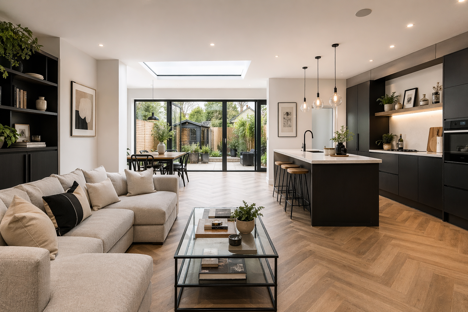 Modern UK compact home interior with open-plan layout, natural light, and built-in storage designed by Artifex Homes