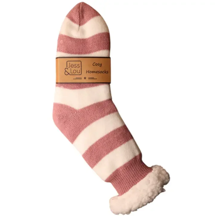 Pink & White Stripe Fleece Lined Slipper Socks