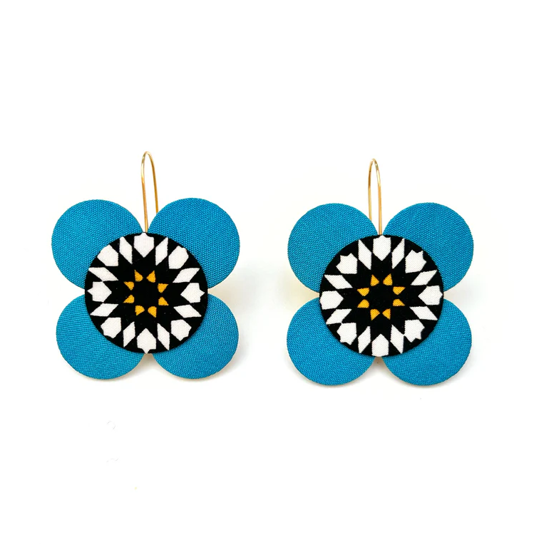 Moon Flower Dangle Hook Earrings - Blue