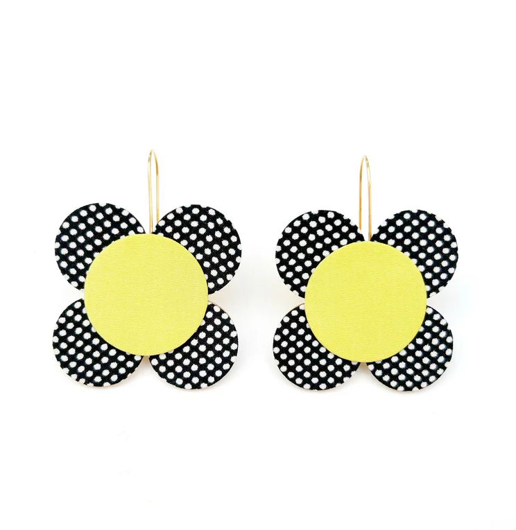 Moon Flower Dangle Hook Earrings - Lime on Black and White Polka dot