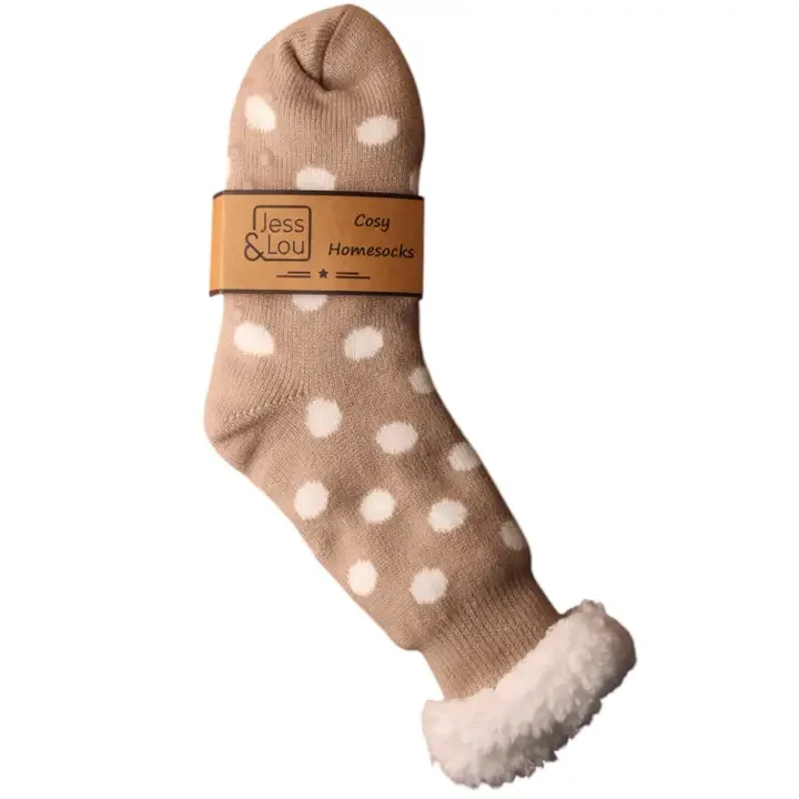 Taupe & White Dot Fleece Lined Slipper Socks