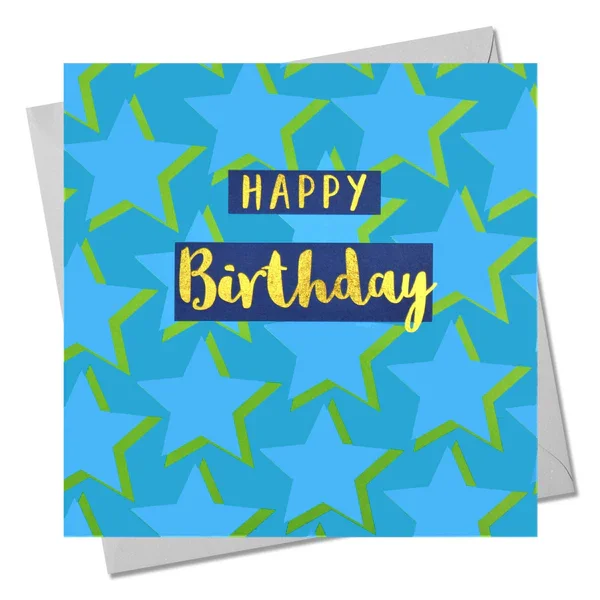 Birthday Card, Stars, Happy Birthday, text foiled in shiny gold