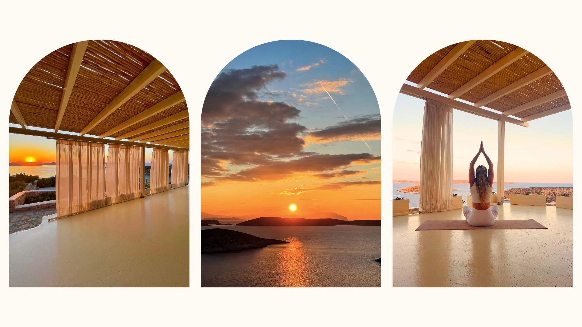 Irakleia Greek Island Retreat Woman Practicing Yoga in Shala with Sunset Views