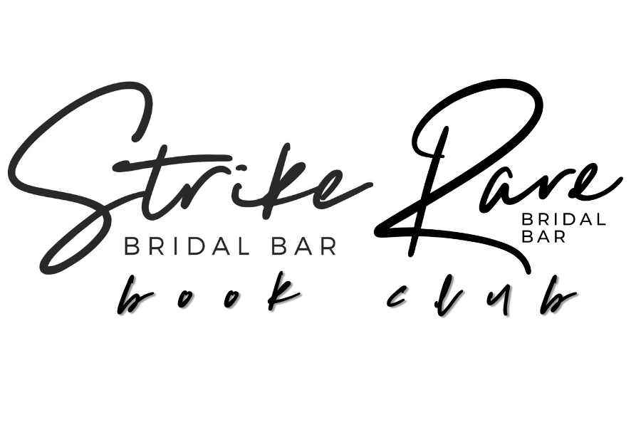 Logo for Strike Bare Bridal Bar and Book Club in black cursive and print fonts on a white background.