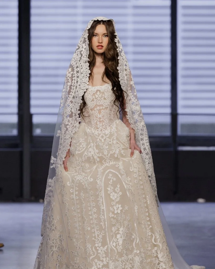 A woman in a wedding dress with a lace veil standing indoors.