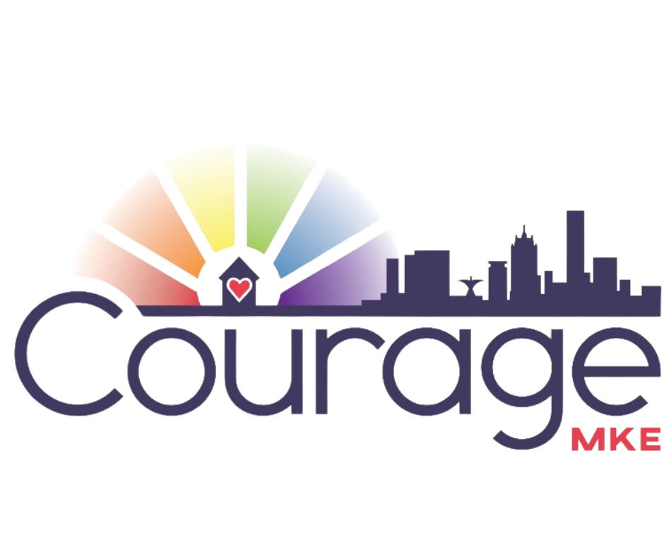 A colorful logo with a city skyline silhouette, a panoramic rainbow, a heart icon, and the word 'Courage' in large, dark letters above the smaller red text 'MKE'.
