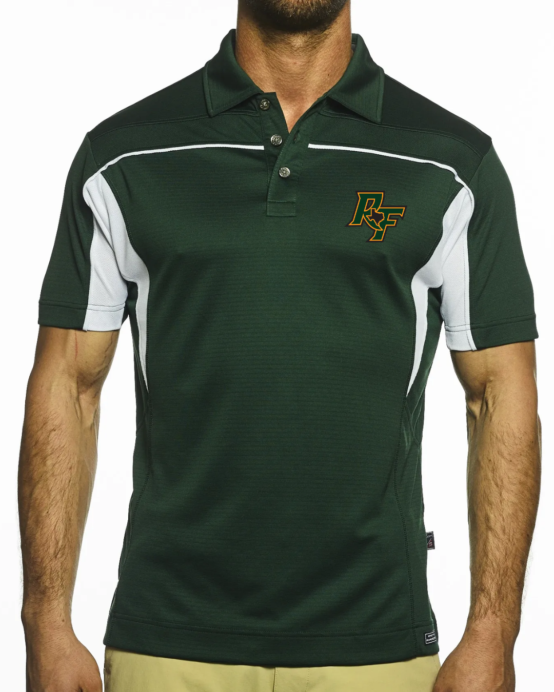Men's Green and White Polo with Embroidered RF Logo