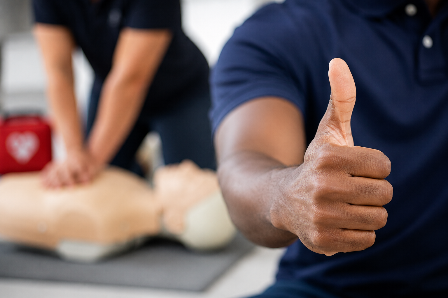Person giving a thumbs-up in a CPR training class with a mannequin in the background.