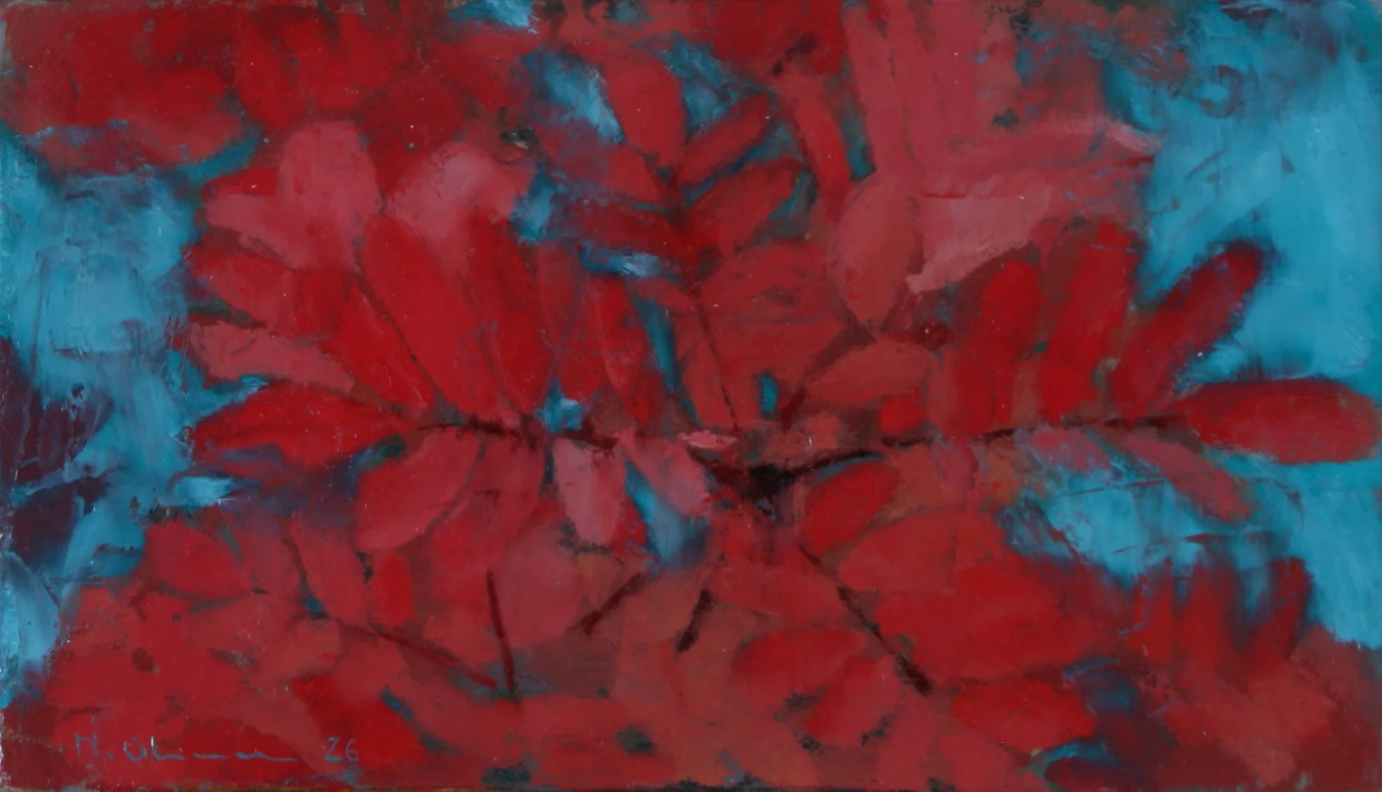 Juego de hojas en rojo y azul
