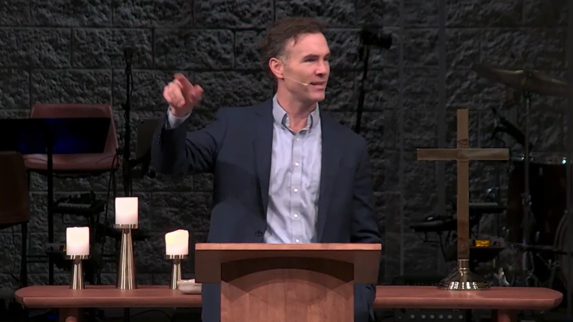 Lead pastor John Bourgeois preaching at West End Communality Church on Sunday, October 11, 2026
