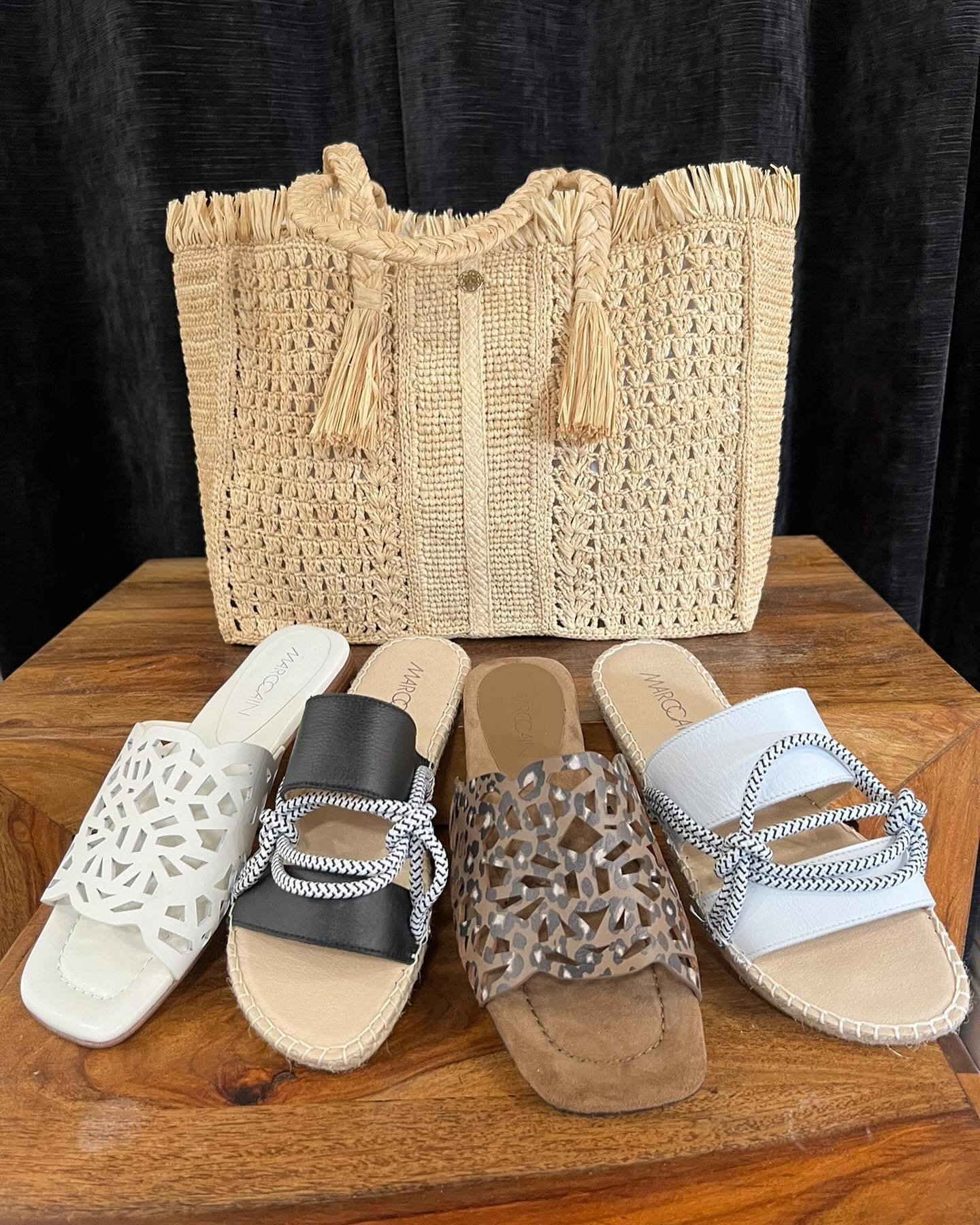 Marc Cain summer sliders now in stock prices from &pound;129.  Handbag from Riani perfect for holidays. 

#summer2024 #summershoes #holiday