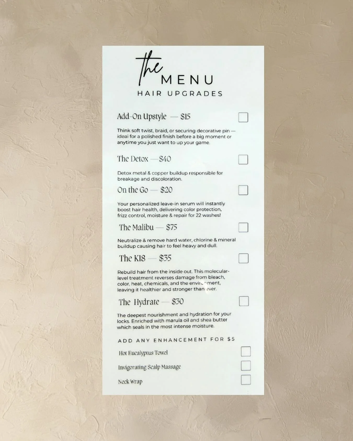 Our newly renovated add-on menu was designed to elevate your appointment beyond the chair. It&rsquo;s the little things that make your experience at White Brick hit different.

Each treatment is intentionally curated to meet your hair where it&rsquo;