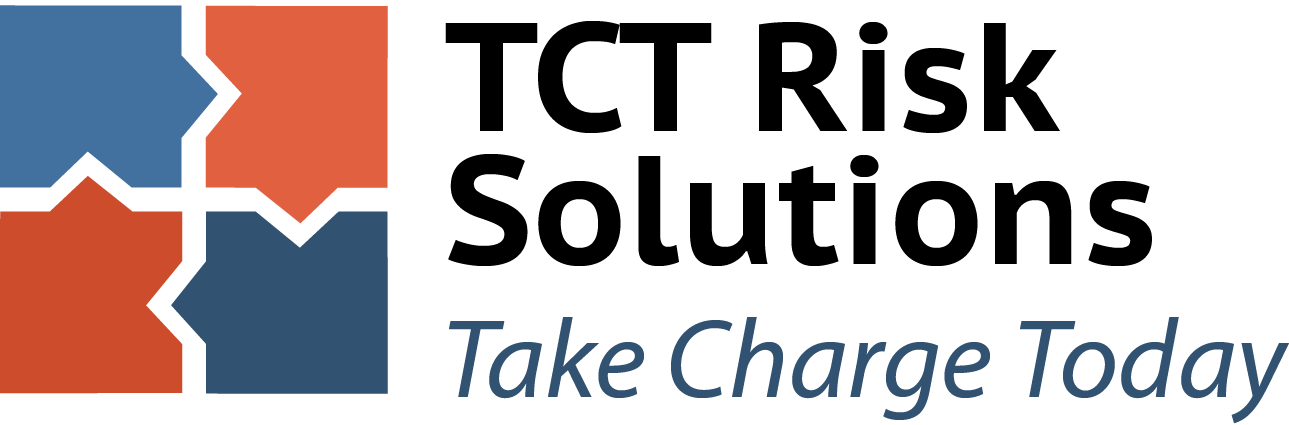 Logo of TCT Risk Solutions with a tagline 'Take Charge Today' and abstract graphic design.