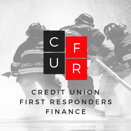 Firefighters spraying water with "Credit Union First Responders Finance" logo overlay.