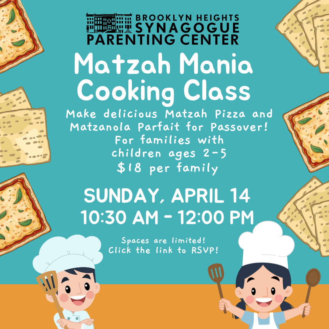 matzah mania cooking class graphic for preschool families, dated april 14, 2024