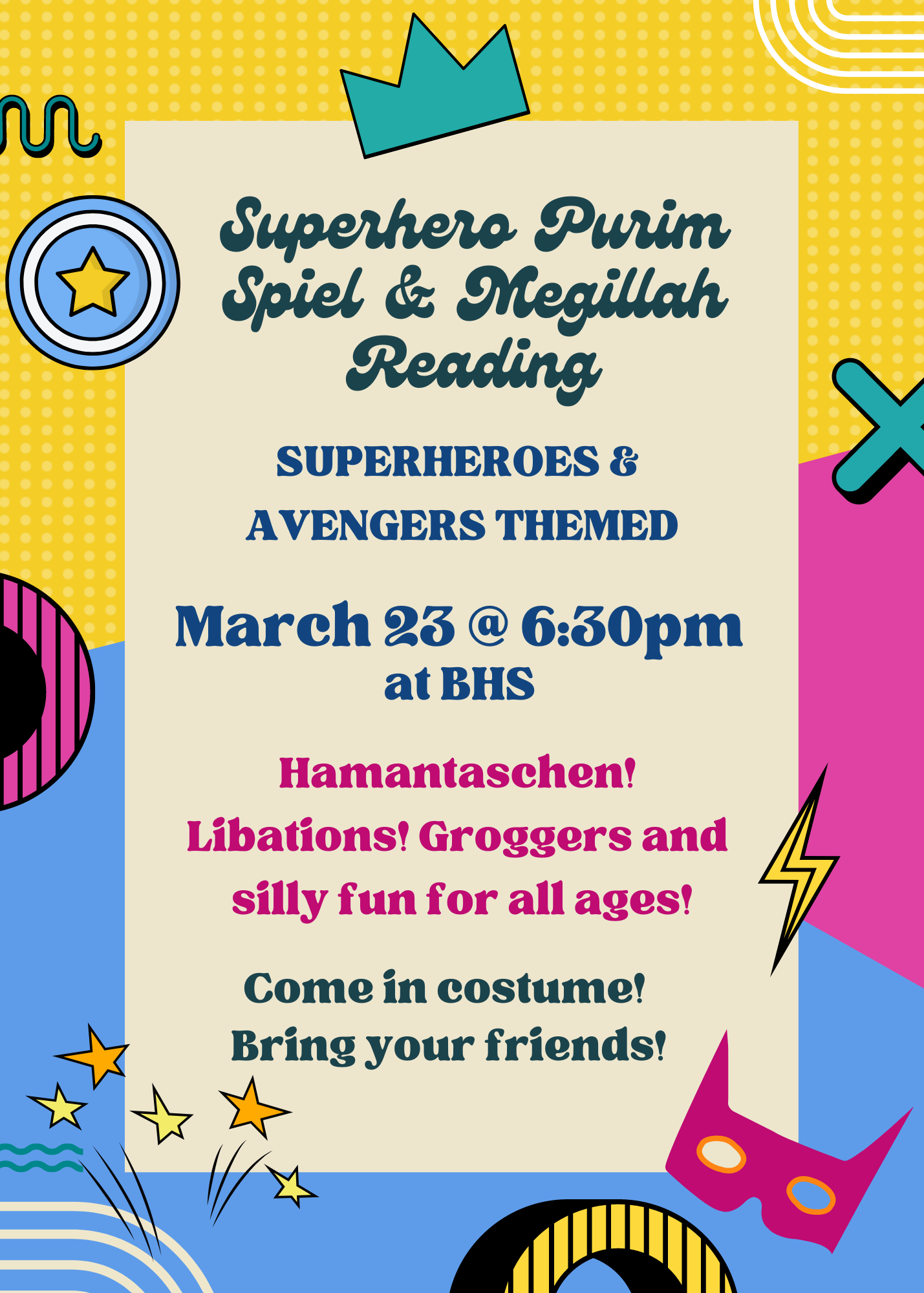 superhero themed poster for the annual purim spiel and megillah reading, dated March 23, 2024