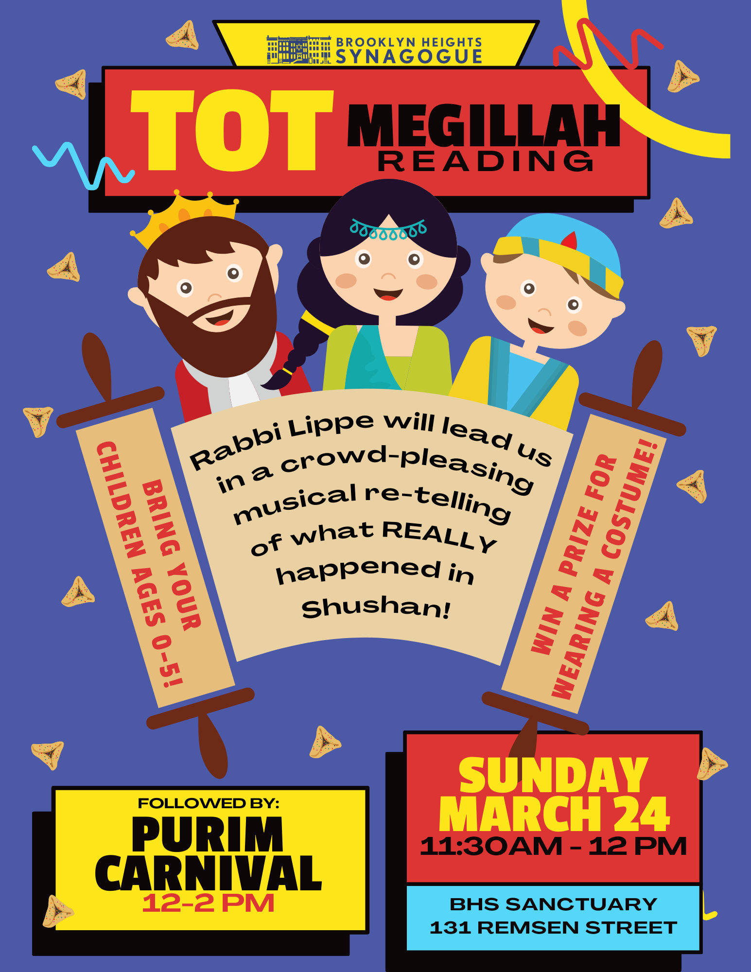 poster for the tot megillah reading, dated March 14, 2024
