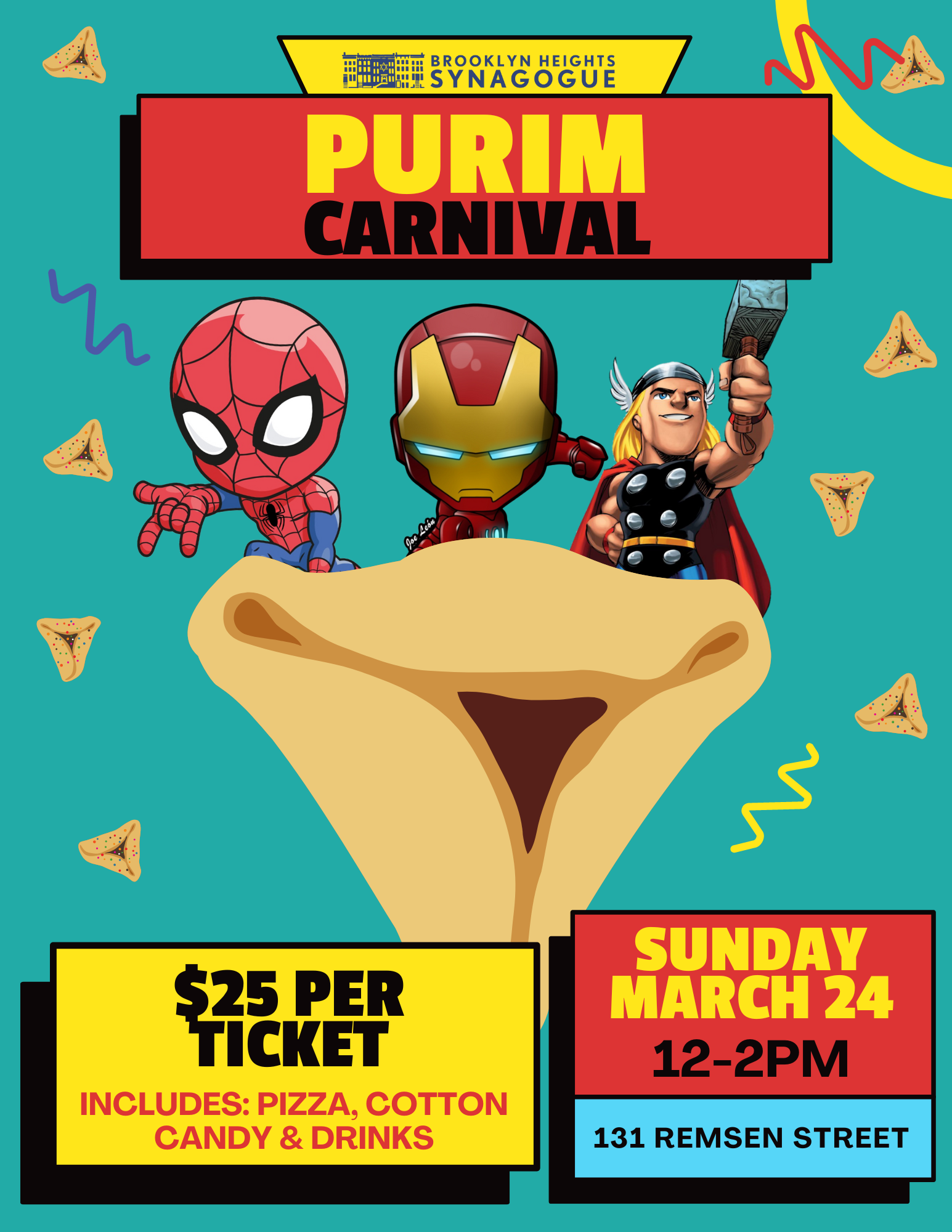 superhero themed poster for the annual purim carnival, dated March 24, 2023