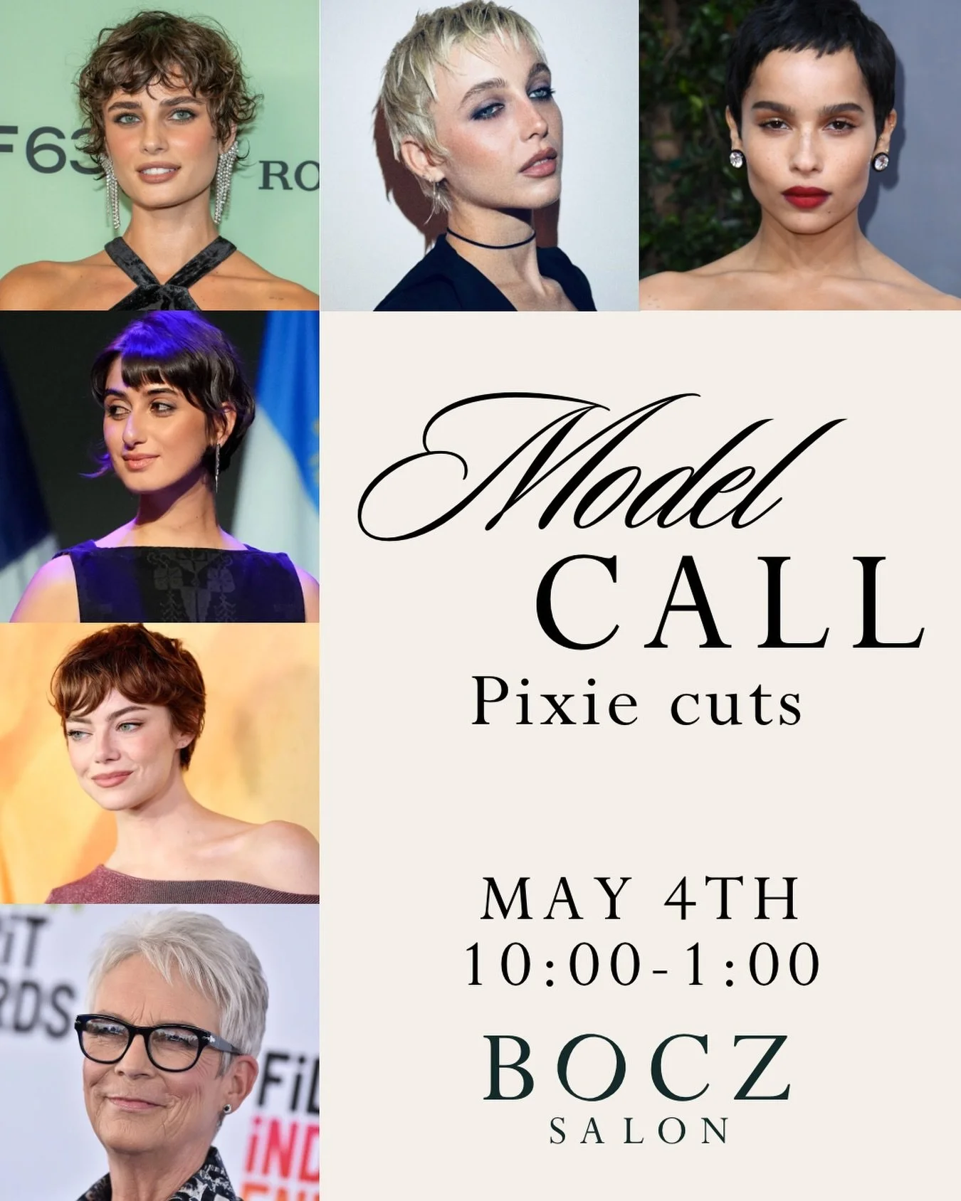 Calling models for free pixie cuts! Bocz Salon is seeking three models for a class on pixie cuts facilitated by a Wella educator at our salon in South Lake Union. If you are a model for this class, you will receive a free haircut from an assistant un