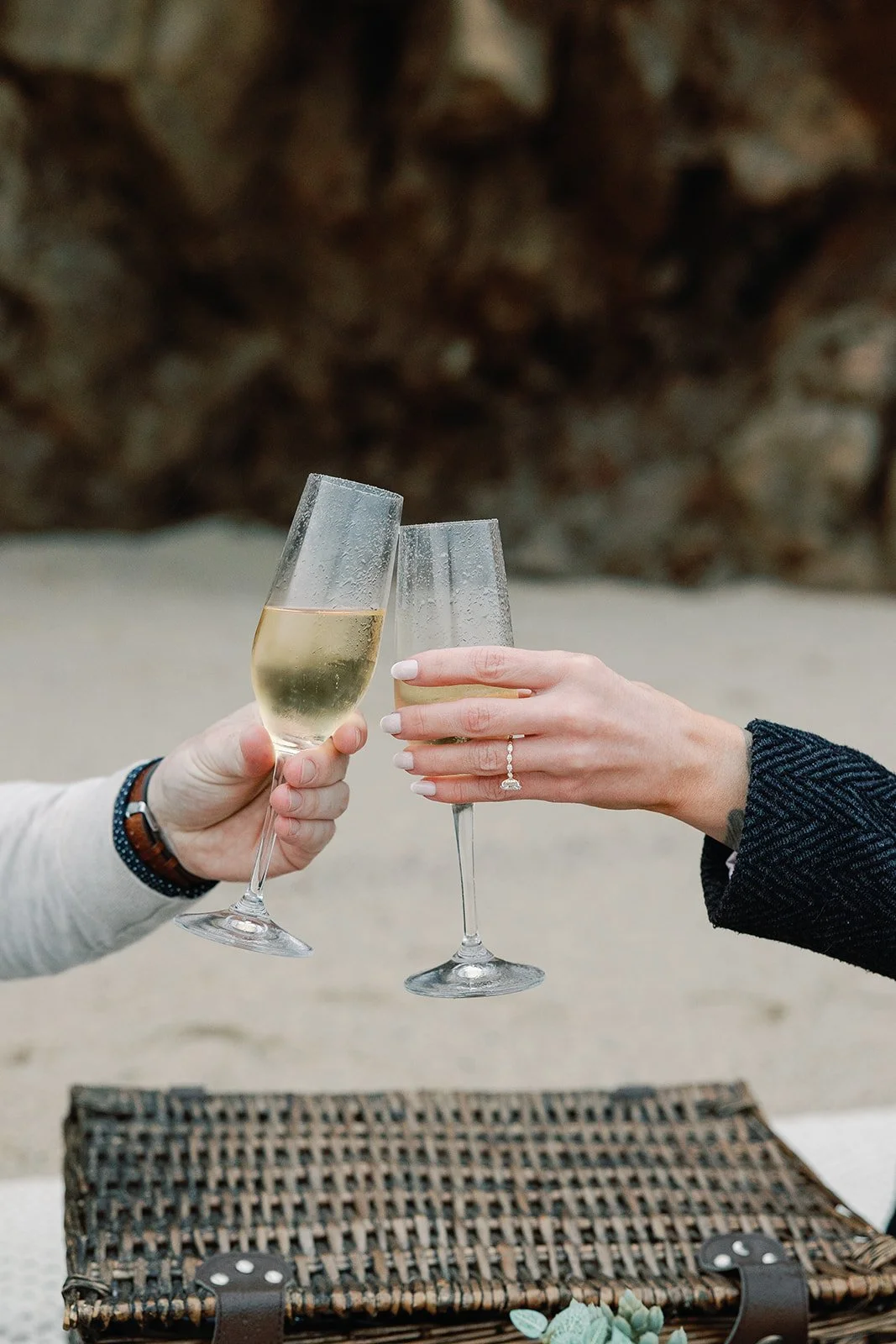 This picnic basket, table, champagne/wine bucket, blanket, glasses, and plants are provided for guests to enjoy.   It’s the setup we used on our engagement day , and we’d love for you to explore and experience the coastline with it as well.