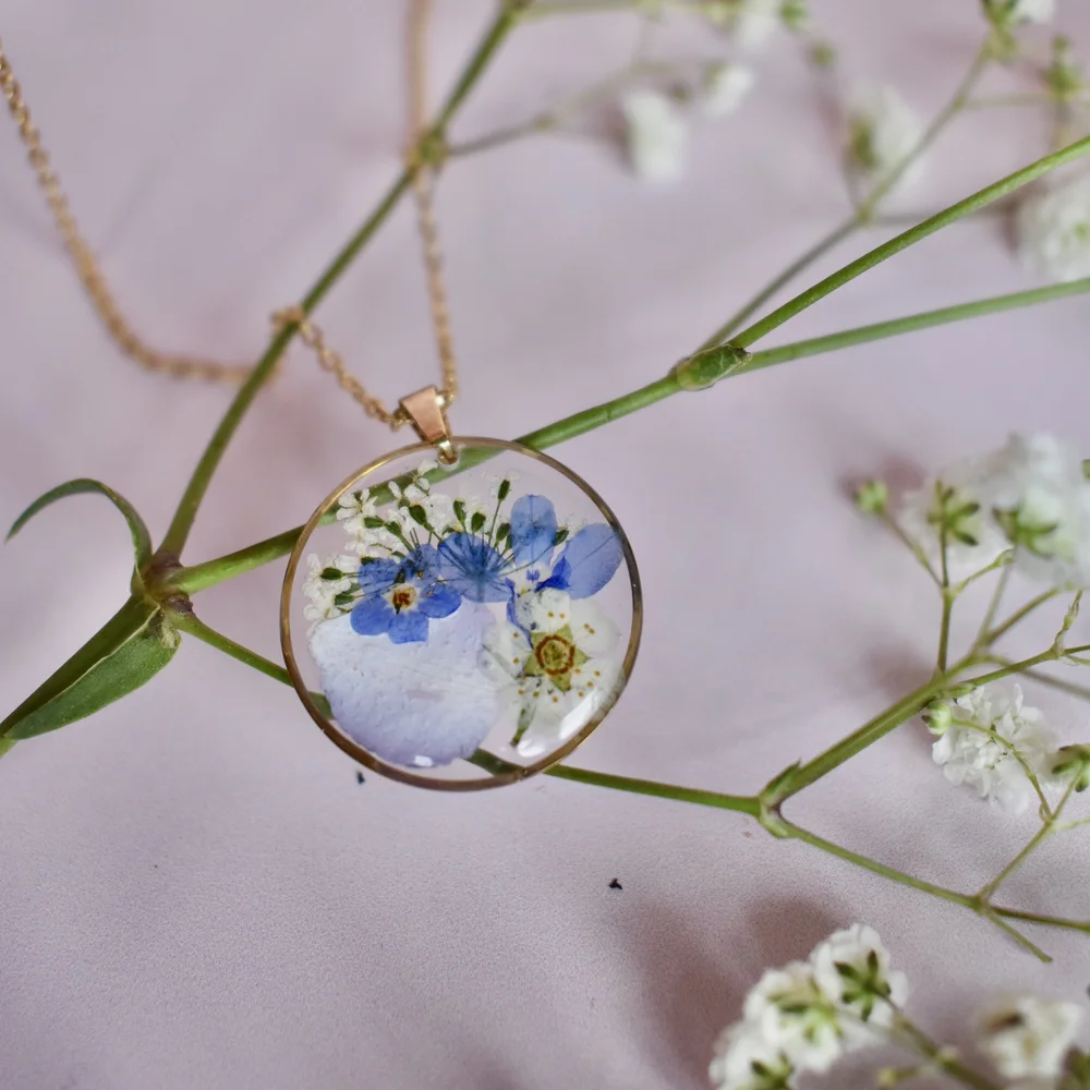 Handmade Resin Pendant with Real Pressed Forget-Me-Not, Lobelia